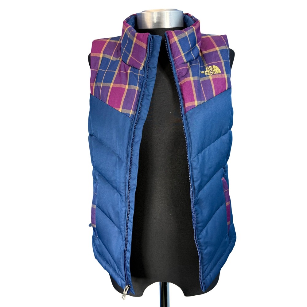 The North Face Women's Plaid‎ Puffer Vest Blue Purple Gold Padded Gilet Size XS - Picture 4 of 10